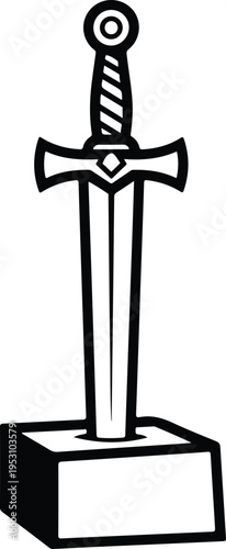 Silhouette medieval fantasy sword stuck in stone legend myth vector illustration