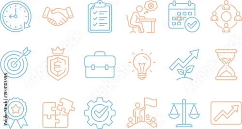 A comprehensive collection of business management and strategy outline icons, representing various corporate concepts.