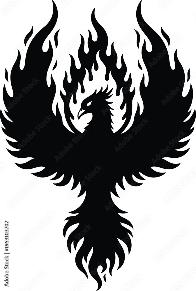 Obraz premium Silhouette of a powerful phoenix bird rising from burning flames vector illustration