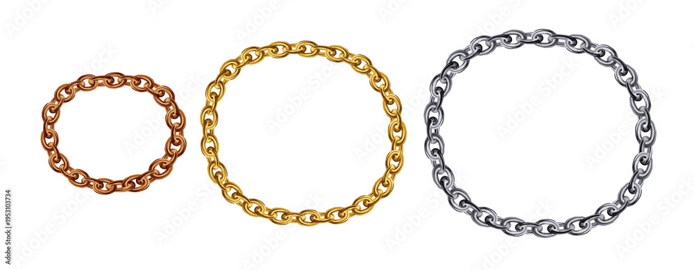 Obraz premium Golden chain round border frame. Wreath gold circle shape. Realistic illustration isolated on a white background 