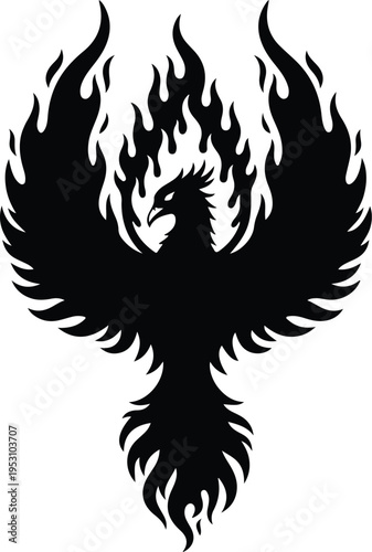 Silhouette of a powerful phoenix bird rising from burning flames vector illustration