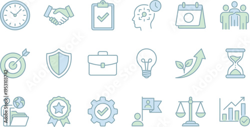 Collection of stylized business concept icons representing planning, strategy, success, and time management.