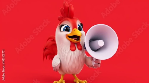 3D Animated Chicken Shouting with Megaphone on Red Background
