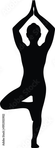 Silhouette woman performing tree pose during mindfulness exercise at home vector illustration