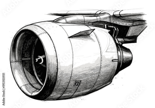 Detailed sketch of a modern jet engine turbine and wing assembly