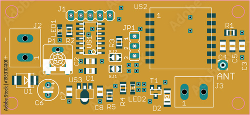 Placement of components of radio elements (contact
pads and seats) on printed circuit board of electronic device. Vector engineering  drawing of pcb. Electric background. Computer technic cad design.