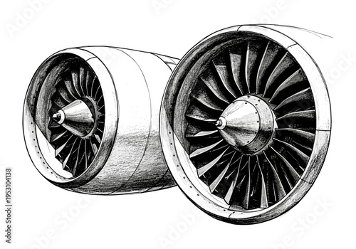 Detailed sketch of two powerful jet engines with visible fan blades and metallic textures