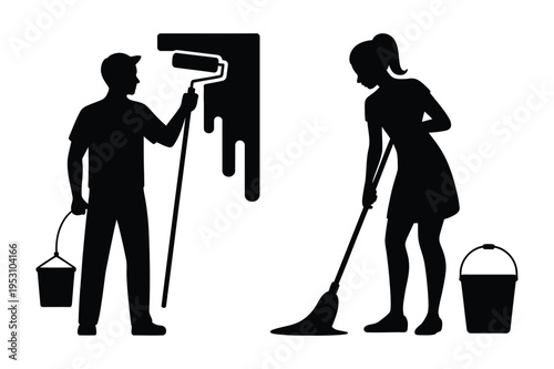People painting and mopping silhouette