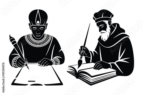Scribe and monk writing silhouette