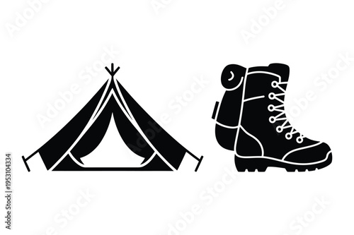 Camping tent and hiking boot icon vector illustration