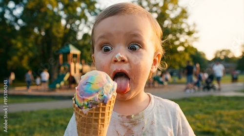 An adorable toddler with a messy face and wide-eyed expression licks a colorful rainbow ice cream cone in a sunny park.