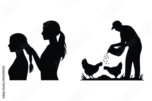 Woman brushing hair and farmer feeding chickens with black and white