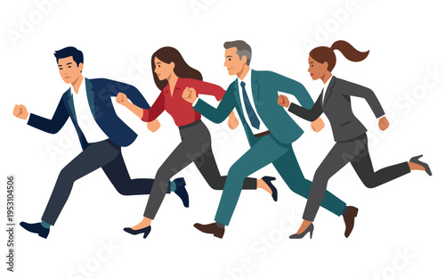 Group of business people in suits running together as a team toward success in a corporate office environment