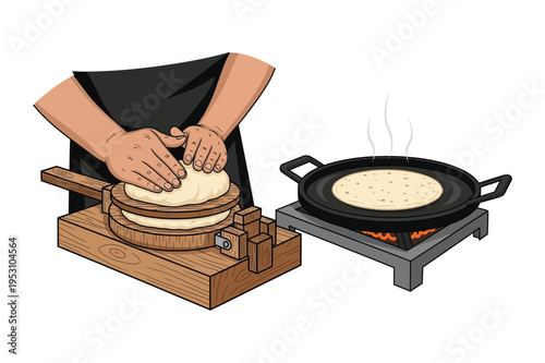 Making tortillas: hands pressing dough, cooking on stove