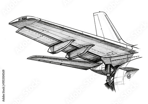 Detailed sketch of an airplane wing with landing gear and flaps extended for landing