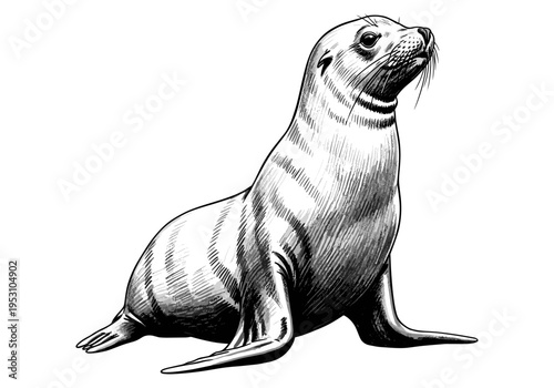 Detailed black and white illustration of a sea lion sitting on a white background