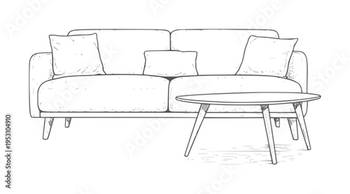 Of a modern sofa with cushions and a mid century modern coffee table couch furniture
