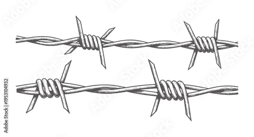 Two rows of barbed wire with sharp spikes and twisted metal