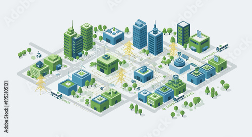 Isometric Smart Green City with Renewable Energy Infrastructure and Sustainable Urban Planning