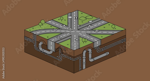 Isometric Urban Infrastructure Cross-Section Illustration with Underground Pipes and Surface Roads