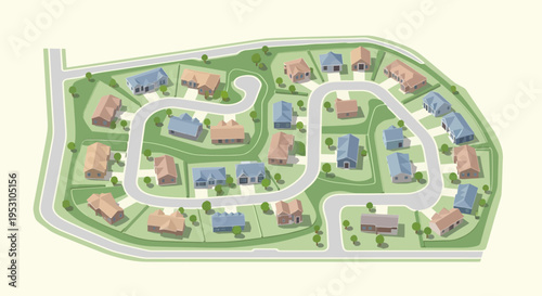 Suburban Residential Neighborhood Aerial View Illustration with Houses and Cul-De-Sac Map Layout