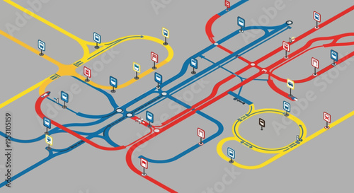Isometric Urban Transport Network Map with Interconnected Public Transit Routes and Navigation Icons