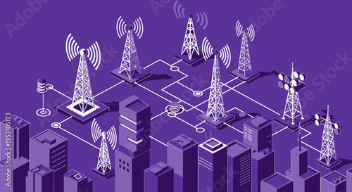 Isometric 5G Network Infrastructure with Telecommunication Towers and Smart City Buildings on Purple Background, Wireless Connectivity and IoT Concept