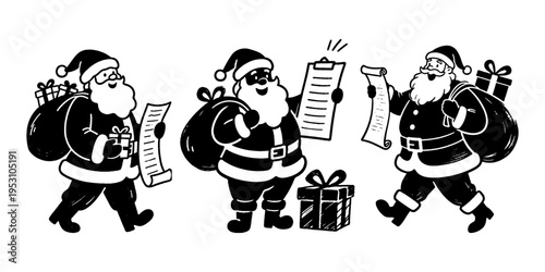 Three Santa Claus characters carrying gifts and reading lists in playful cartoon style on a white background, concept of Christmas celebration fun