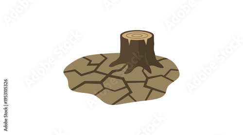Minimal flat vector icon of barren land with cracked soil and tree stump, environmental damage concept 