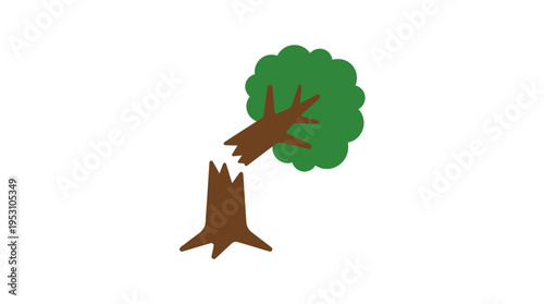 Minimal flat vector icon of broken tree with separated canopy and trunk, symbolizing ecosystem destruction