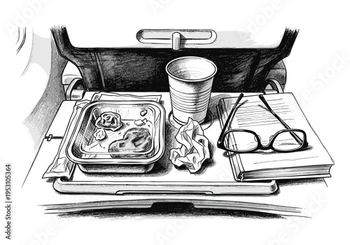 Sketch of an airplane tray table with leftover meal, drink, and reading glasses