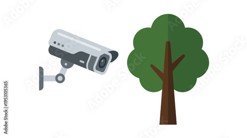 Minimal flat vector icon of CCTV camera pointed at forest tree, illegal logging prevention concept 