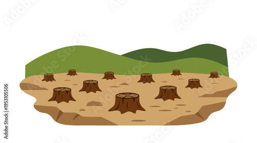 Minimal flat vector icon of deforestation landscape with multiple tree stumps and minimal hills in background 