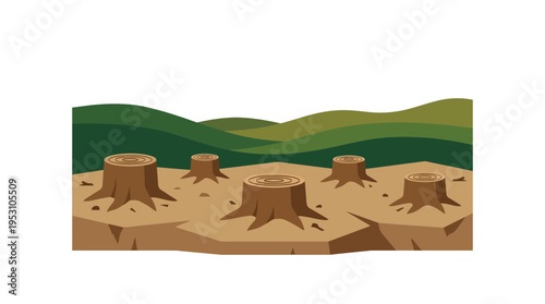 Minimal flat vector icon of deforestation landscape with multiple tree stumps and minimal hills in background 