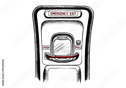 Close-up illustration of an airplane emergency exit door with push and pull instructions