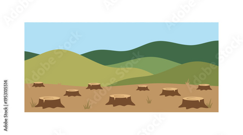 Minimal flat vector icon of deforestation landscape with multiple tree stumps and minimal hills in background 