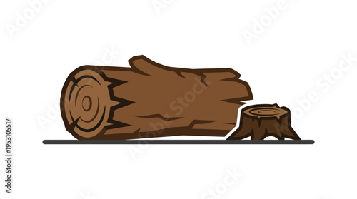 Minimal flat vector icon of fallen tree trunk with cut marks, deforestation symbol 