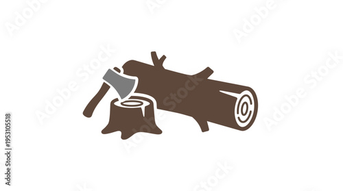 Minimal flat vector icon of fallen tree trunk with cut marks, deforestation symbol 