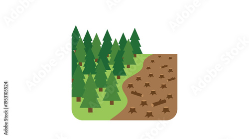 Minimal flat vector icon of forest area with missing trees showing deforestation impact, isolated on white background, solid colors, no text, no gradient
