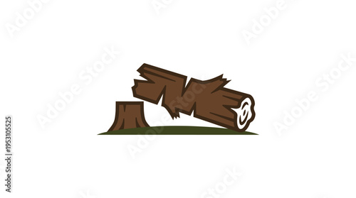 Minimal flat vector icon of fallen tree trunk with cut marks, deforestation symbol 