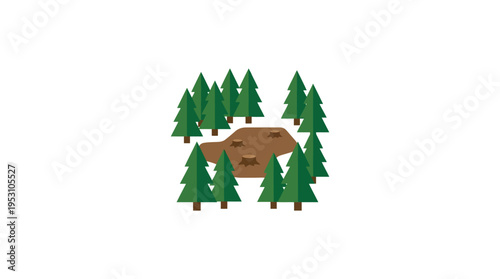 Minimal flat vector icon of forest area with missing trees showing deforestation impact, isolated on white background, solid colors, no text, no gradient
