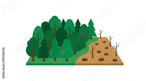 Minimal flat vector icon of forest area with missing trees showing deforestation impact, isolated on white background, solid colors, no text, no gradient
