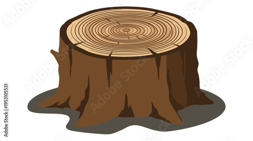 Minimal flat vector icon of freshly cut tree stump with detailed annual rings pattern and flat shadow base shape