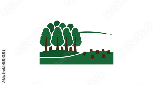 Minimal flat vector icon of forest area with missing trees showing deforestation impact, isolated on white background, solid colors, no text, no gradient
