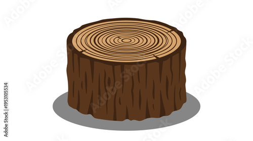 Minimal flat vector icon of freshly cut tree stump with detailed annual rings pattern and flat shadow base shape