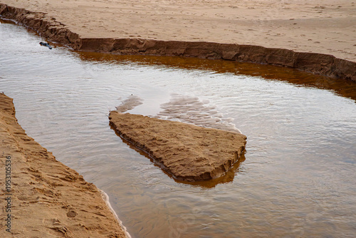 Sandy riverbank with flowing water carving erosion channels and a small sand island in a natural landscape.