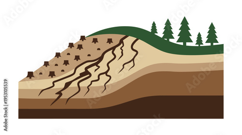 Minimal flat vector icon of hillside deforestation with cut trees and erosion lines, layered terrain design 