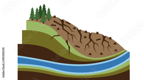 Minimal flat vector icon of hillside deforestation with cut trees and erosion lines, layered terrain design 