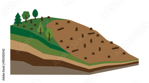 Minimal flat vector icon of hillside deforestation with cut trees and erosion lines, layered terrain design 