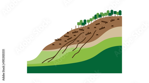Minimal flat vector icon of hillside deforestation with cut trees and erosion lines, layered terrain design 